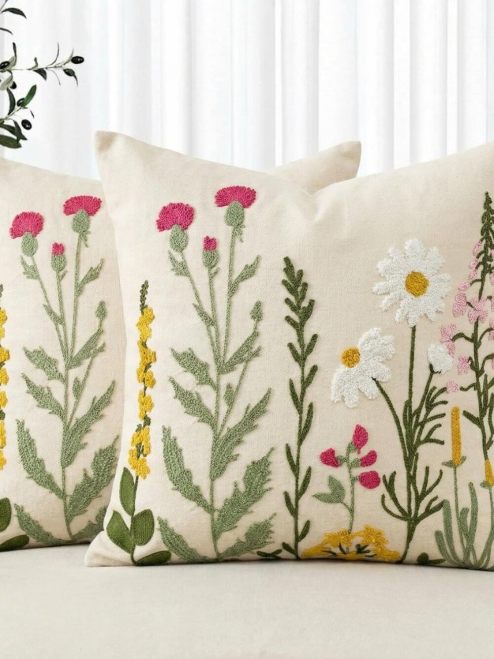 Spring Summer Floral Daisy Embroidered Throw Pillow Covers, 18 x 18 Inch Beige
